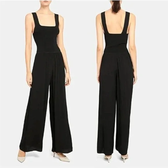 NWT $495 Theory Sleeveless Square Neck Jumpsuit Rib Romper Crepe Petite Black - Picture 2 of 11